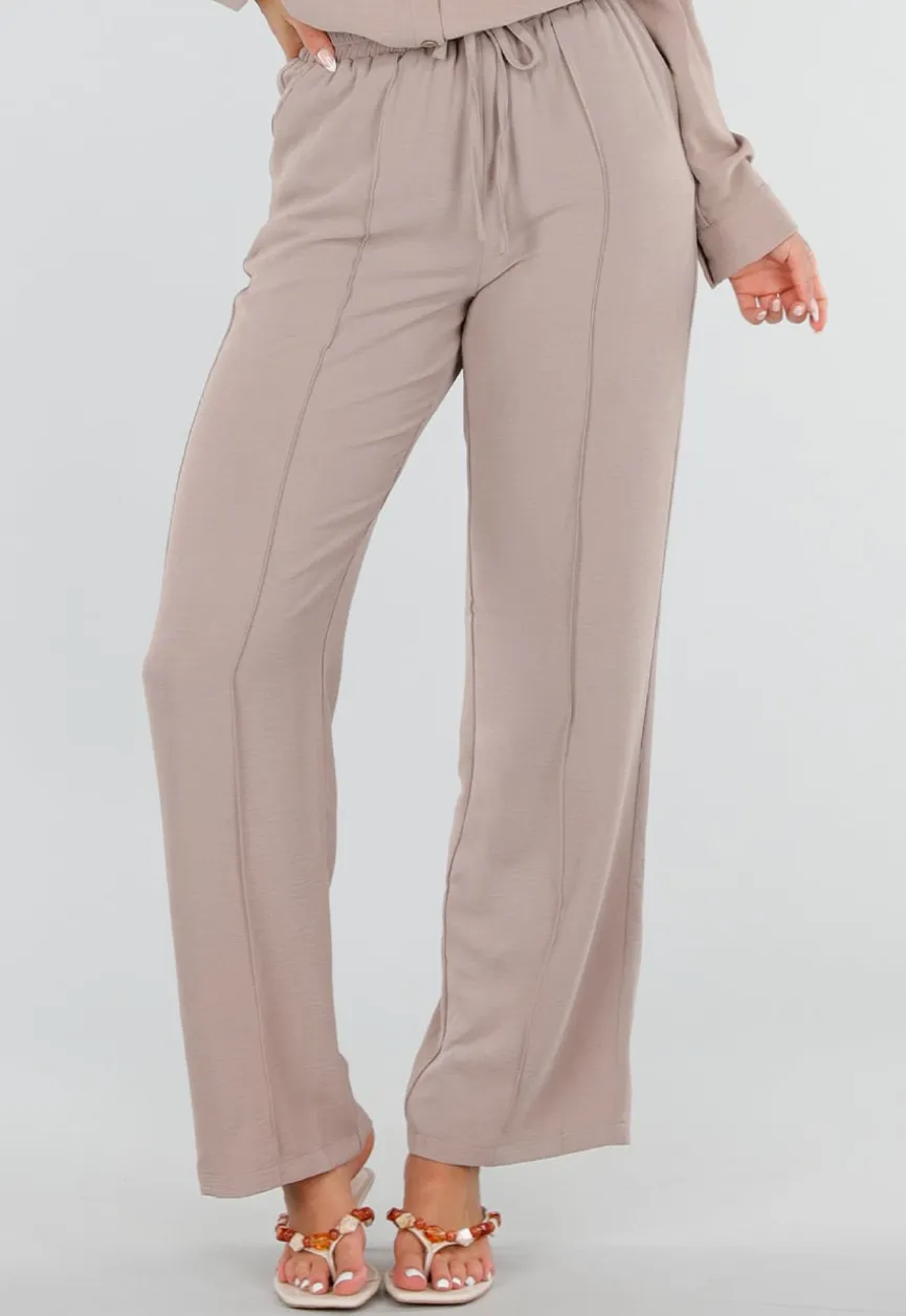 Beige Wide Leg Broek met Elastische Taille en Strikkoord