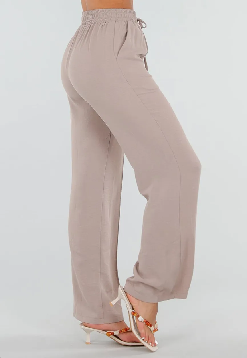 Beige Wide Leg Broek met Elastische Taille en Strikkoord