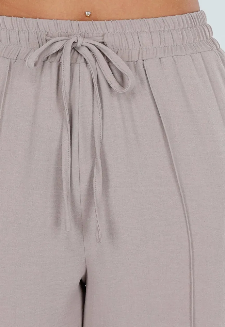Beige Wide Leg Broek met Elastische Taille en Strikkoord