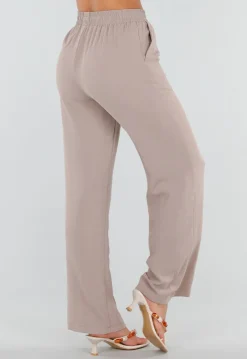 Beige Wide Leg Broek met Elastische Taille en Strikkoord