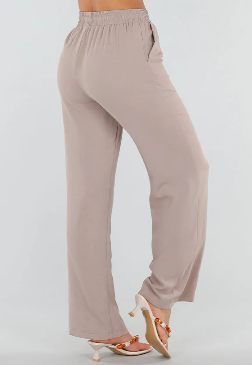 Beige Wide Leg Broek met Elastische Taille en Strikkoord