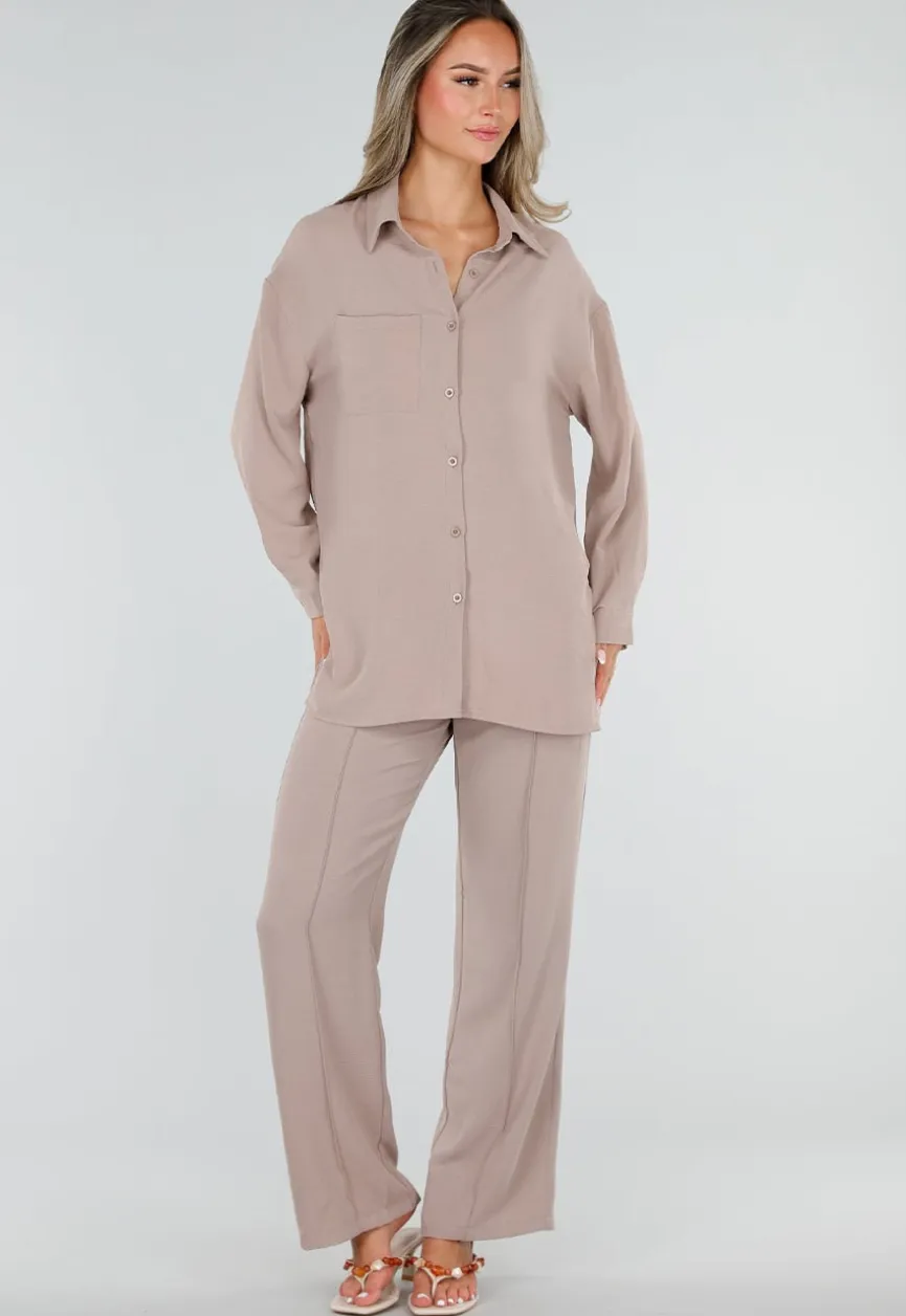 Beige Wide Leg Broek met Elastische Taille en Strikkoord