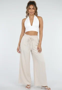 Beige Wide Leg Broek met Smock Taille en Strikkoord
