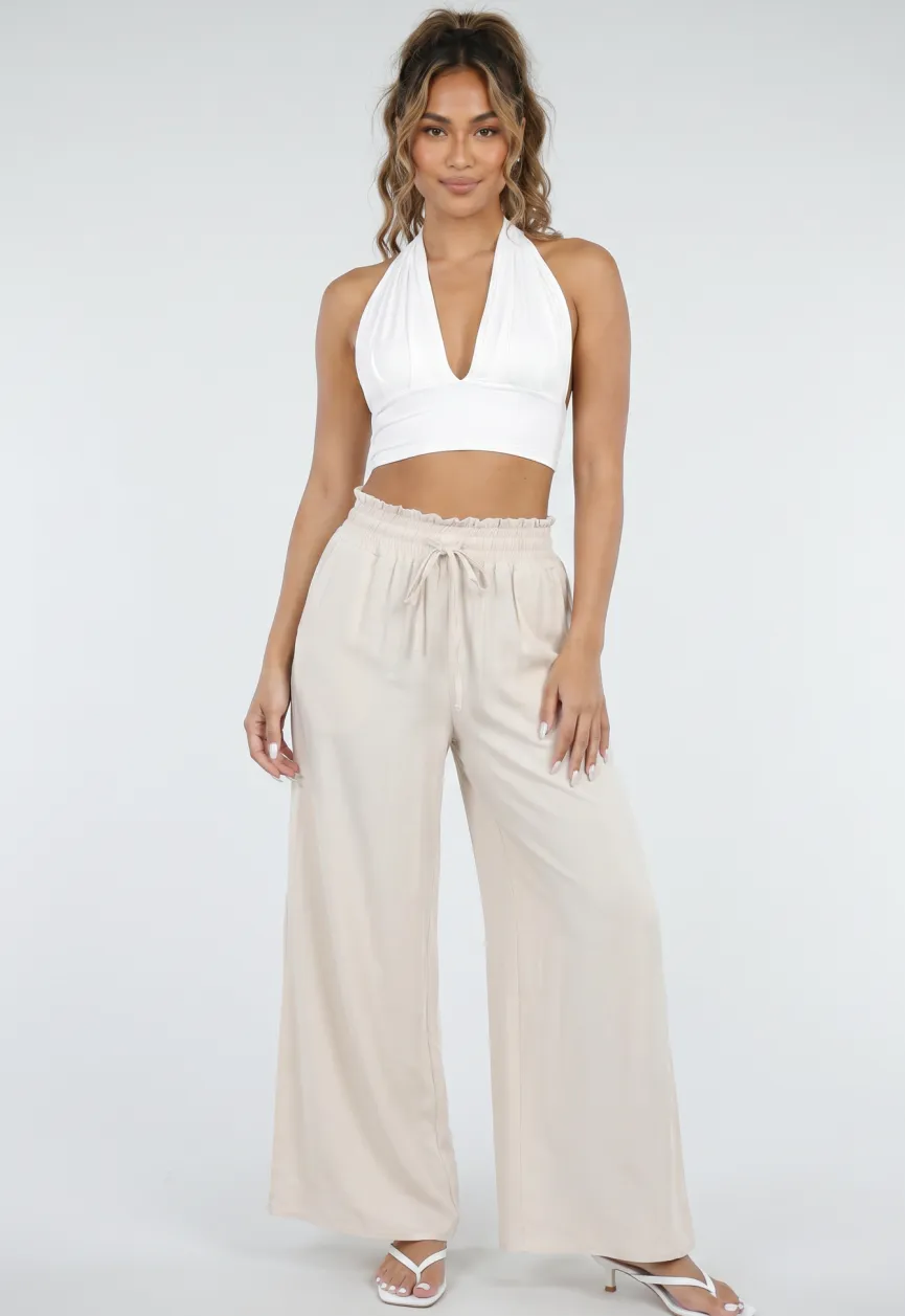 Beige Wide Leg Broek met Smock Taille en Strikkoord