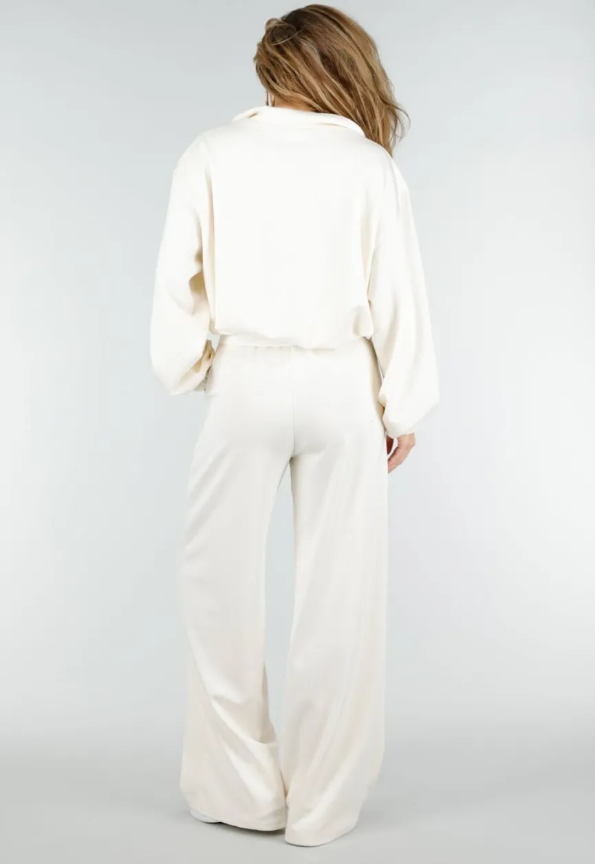 Beige Wide Leg Joggingbroek met Elastische Taille en Stretch