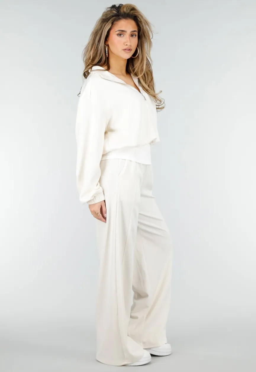Beige Wide Leg Joggingbroek met Elastische Taille en Stretch