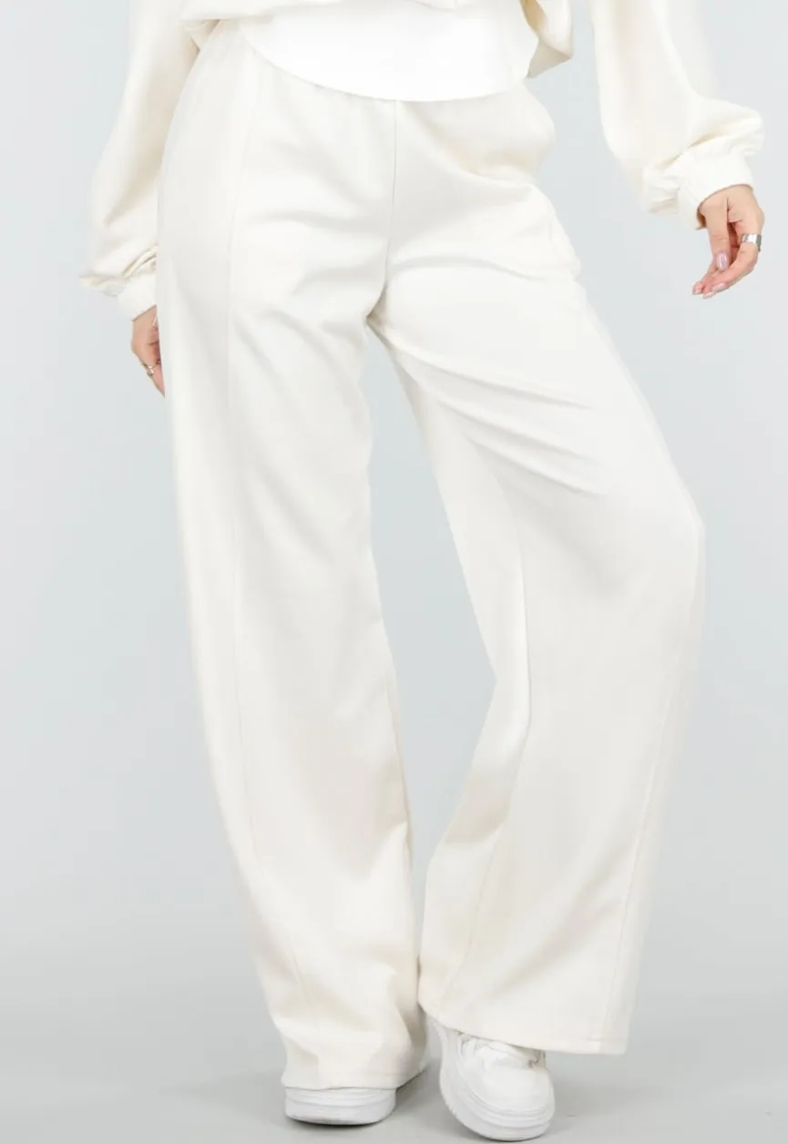 Beige Wide Leg Joggingbroek met Elastische Taille en Stretch