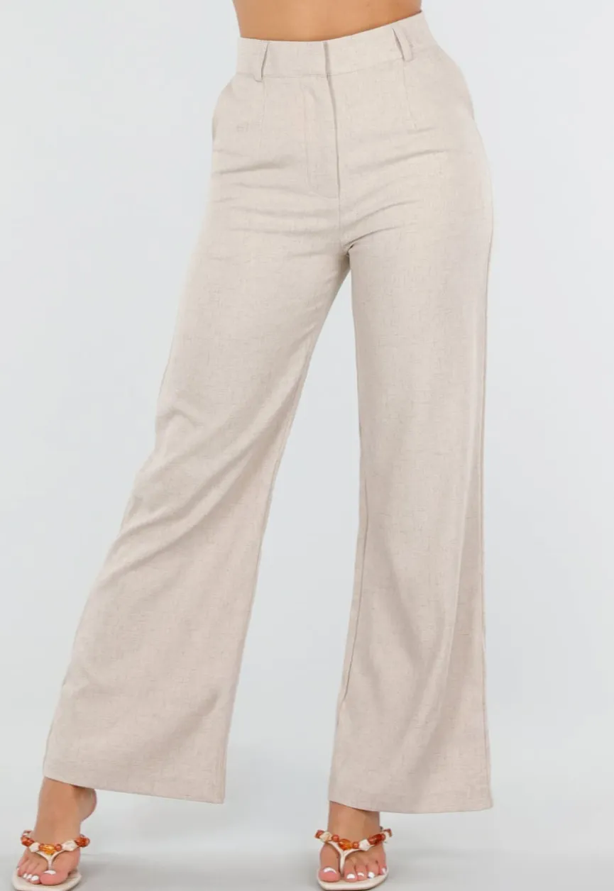 Beige Wide Leg Pantalon met Hoge Taille