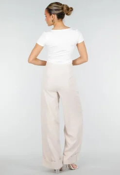 Beige Wide Leg Pantalon met Omslag en Steekzakken