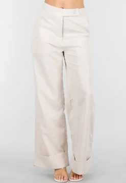 Beige Wide Leg Pantalon met Omslag en Steekzakken