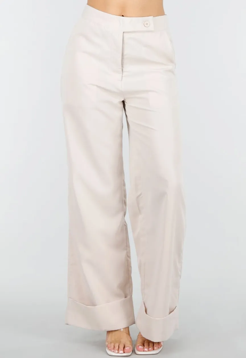 Beige Wide Leg Pantalon met Omslag en Steekzakken