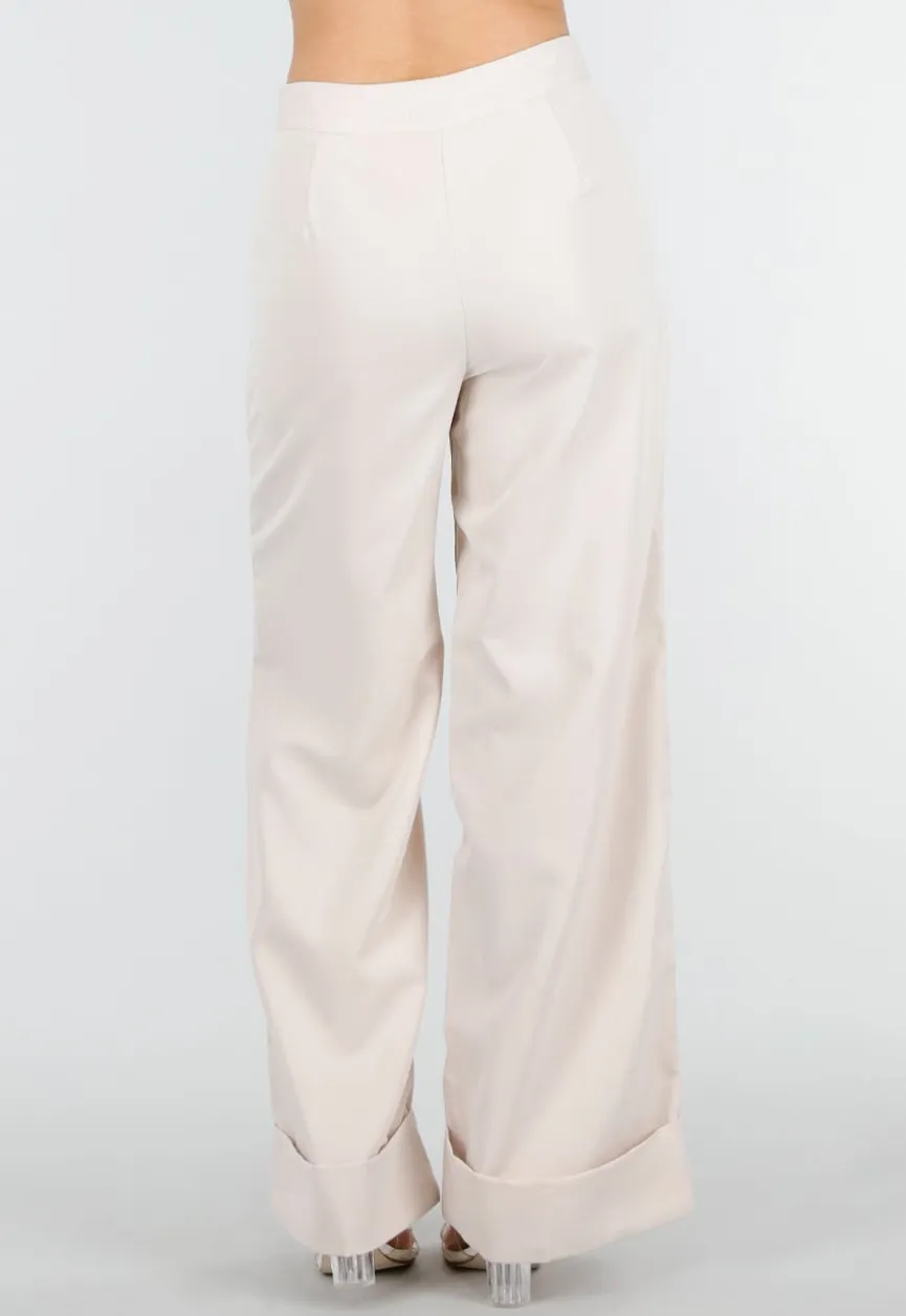 Beige Wide Leg Pantalon met Omslag en Steekzakken