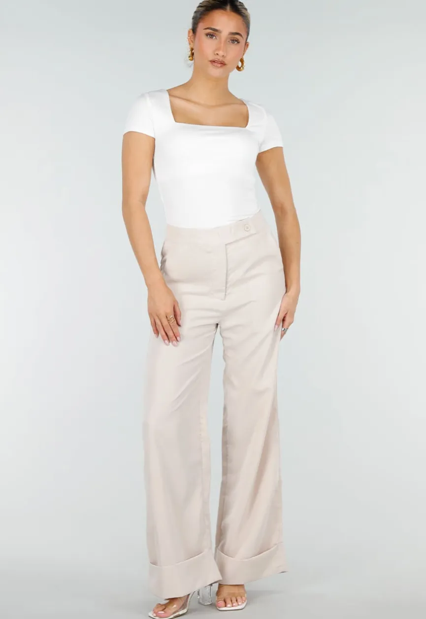 Beige Wide Leg Pantalon met Omslag en Steekzakken