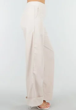 Beige Wide Leg Pantalon met Omslag en Steekzakken