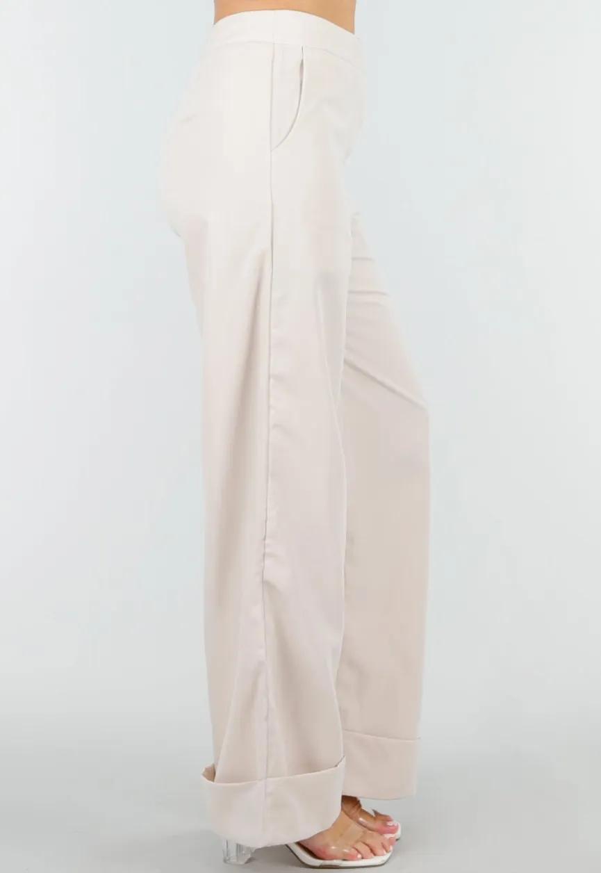 Beige Wide Leg Pantalon met Omslag en Steekzakken