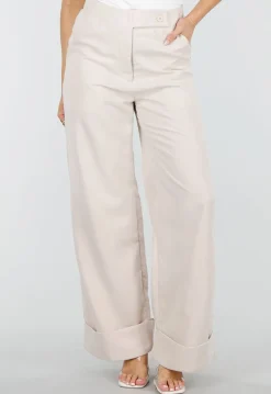 Beige Wide Leg Pantalon met Omslag en Steekzakken