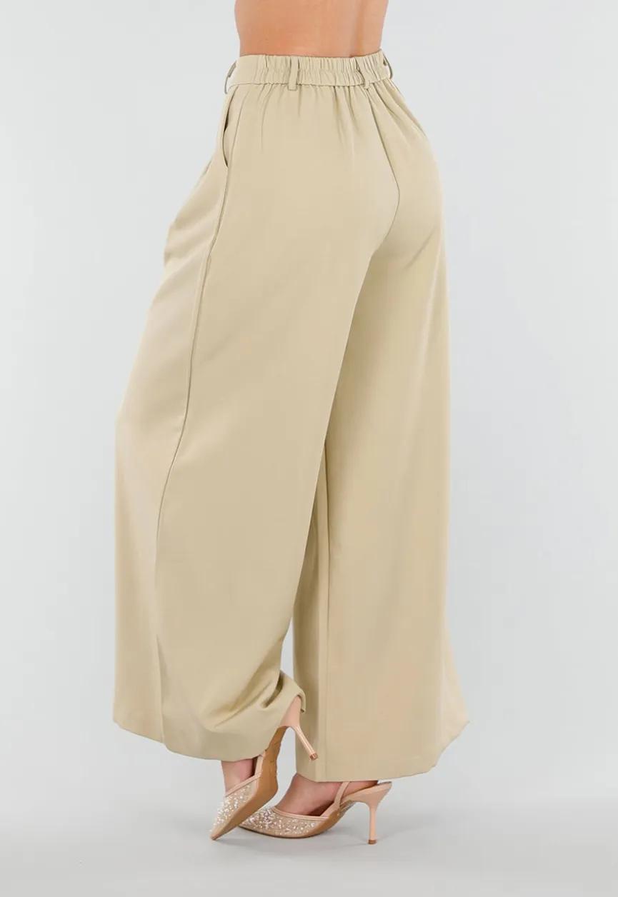 Beige Wide Leg Pantalon met Plooien en Stretch
