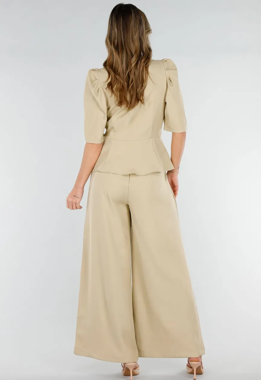 Beige Wide Leg Pantalon met Plooien en Stretch