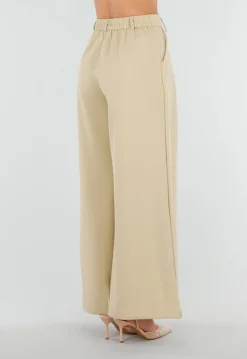 Beige Wide Leg Pantalon met Plooien en Stretch