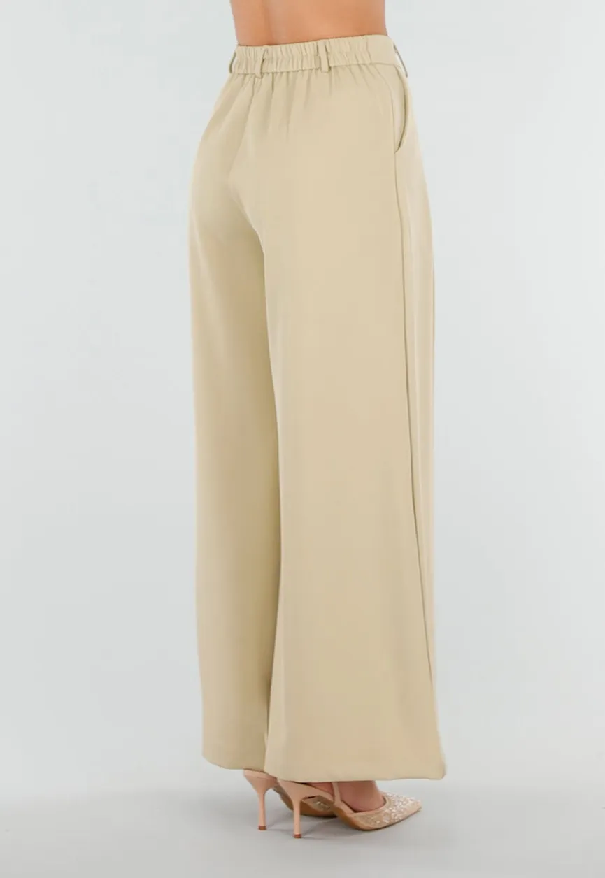 Beige Wide Leg Pantalon met Plooien en Stretch