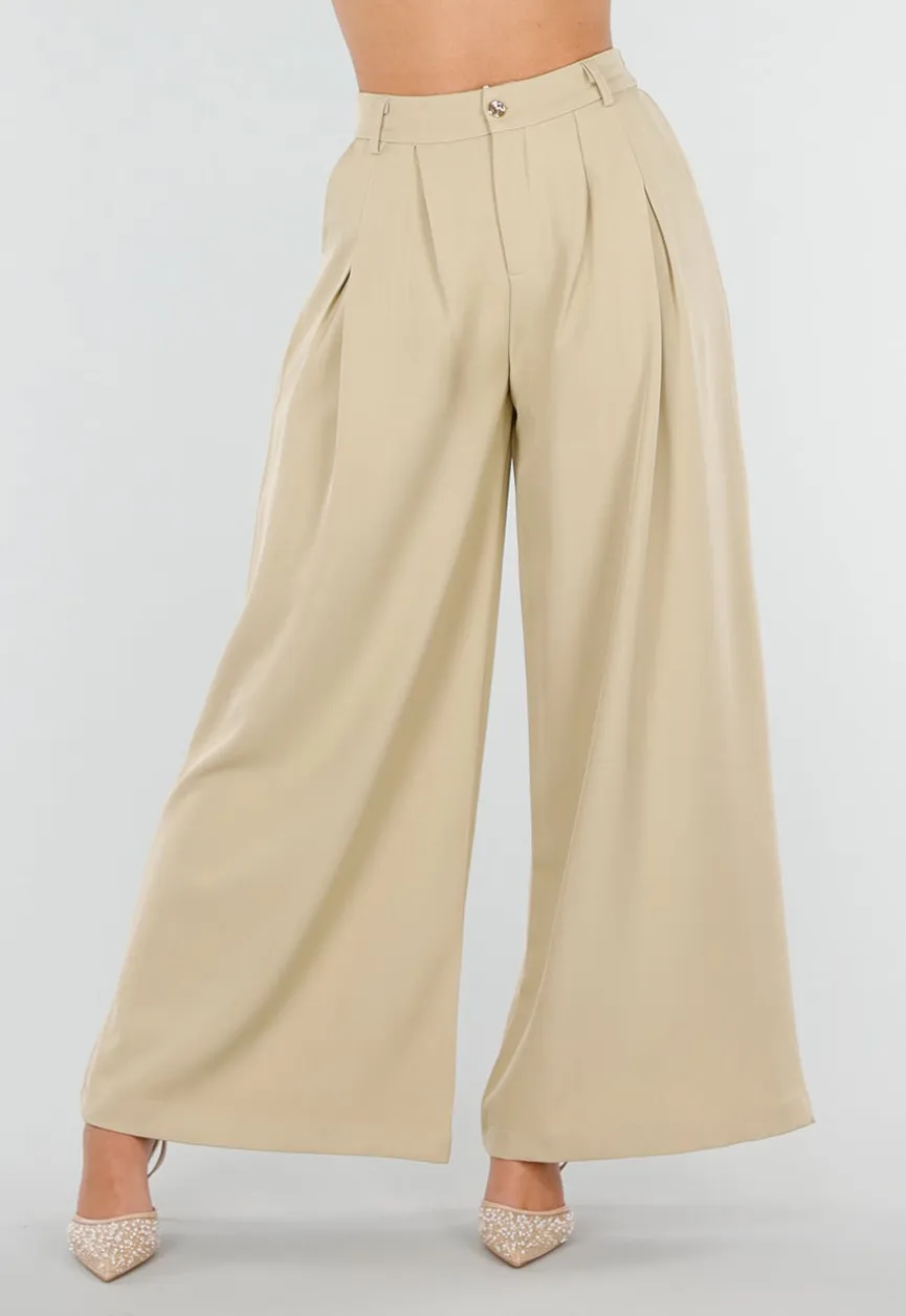 Beige Wide Leg Pantalon met Plooien en Stretch