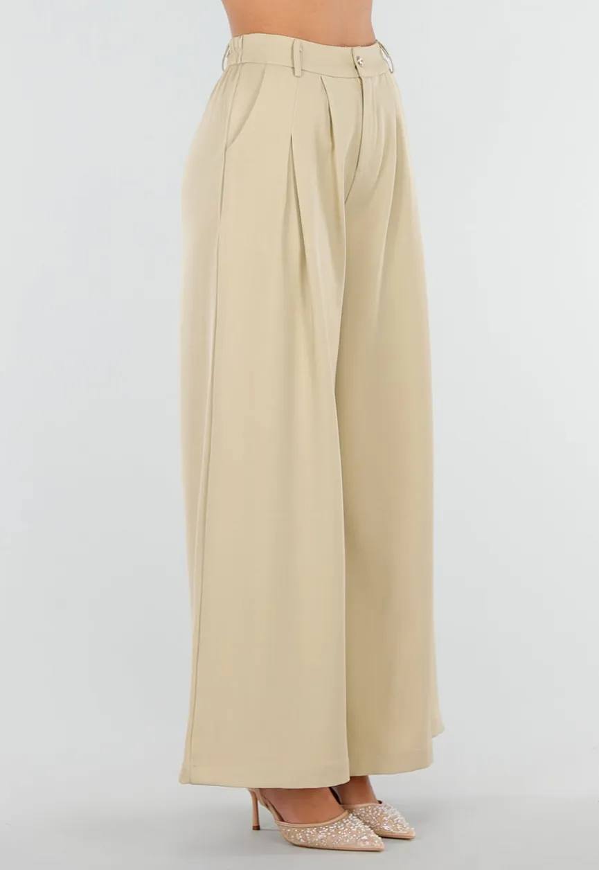 Beige Wide Leg Pantalon met Plooien en Stretch