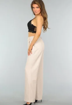 Beige Wide Leg Pantalon met Streepjes Patroon