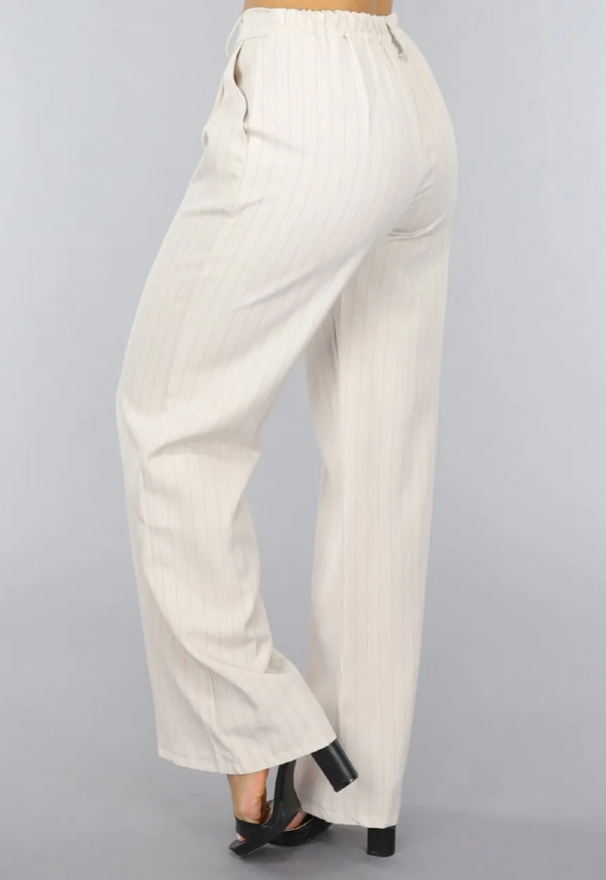 Beige Wide Leg Pantalon met Streepjes Patroon