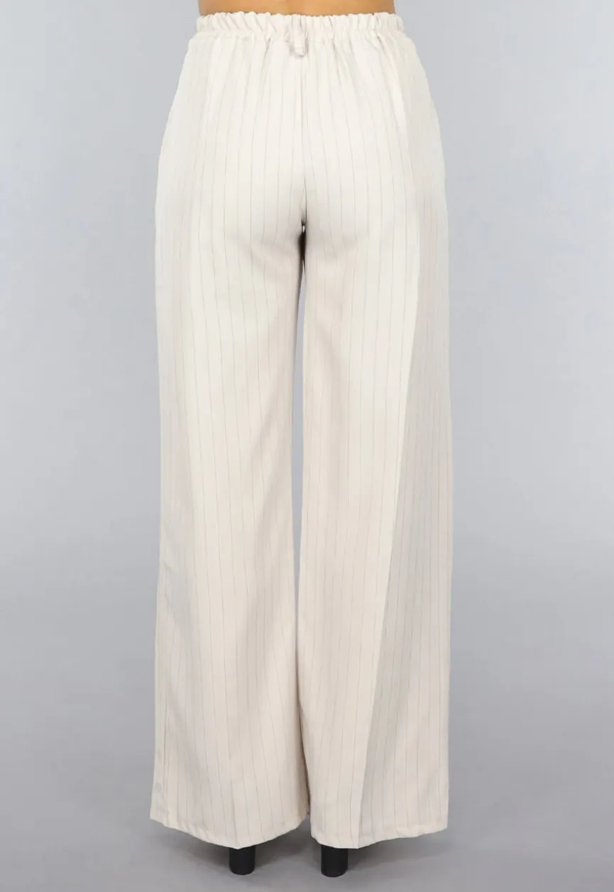 Beige Wide Leg Pantalon met Streepjes Patroon