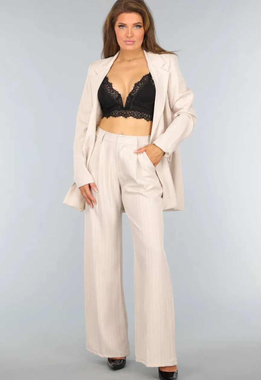 Beige Wide Leg Pantalon met Streepjes Patroon