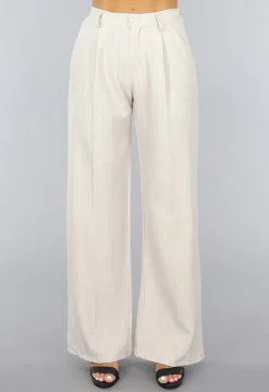 Beige Wide Leg Pantalon met Streepjes Patroon