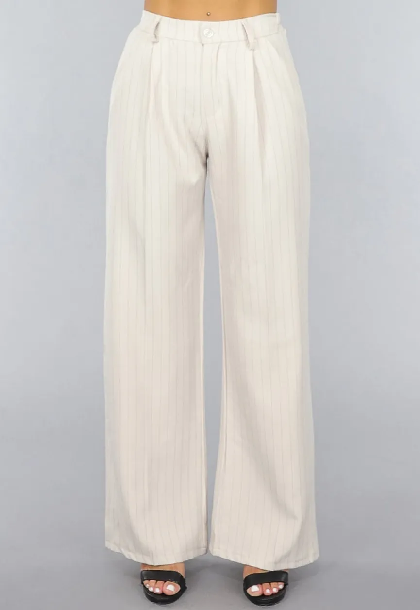 Beige Wide Leg Pantalon met Streepjes Patroon
