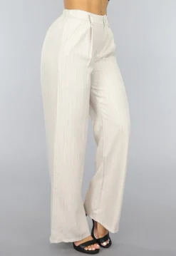 Beige Wide Leg Pantalon met Streepjes Patroon
