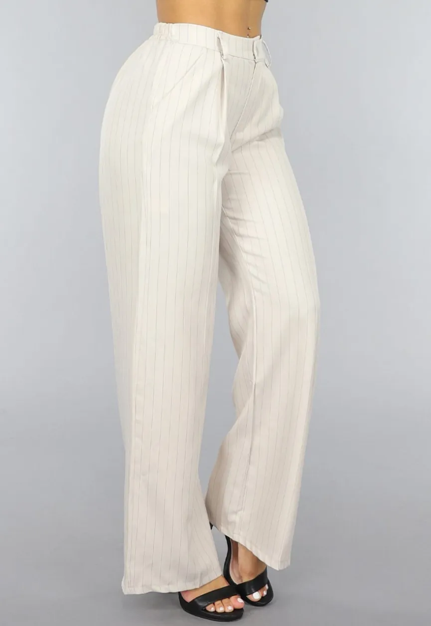 Beige Wide Leg Pantalon met Streepjes Patroon