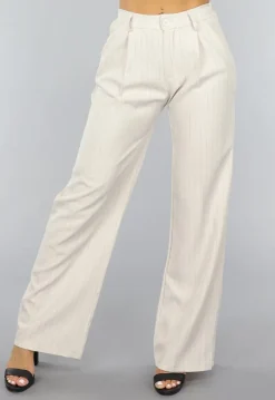 Beige Wide Leg Pantalon met Streepjes Patroon
