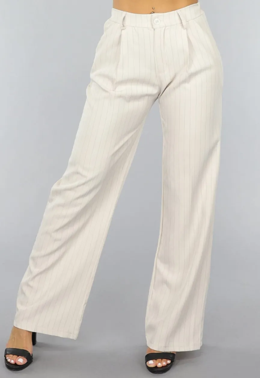 Beige Wide Leg Pantalon met Streepjes Patroon