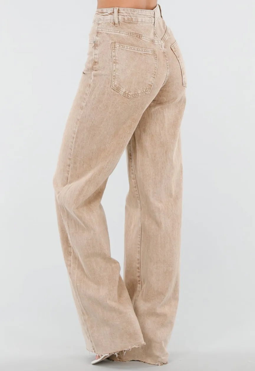 Beige Wide Leg Tall Denim Jeans met Wassing