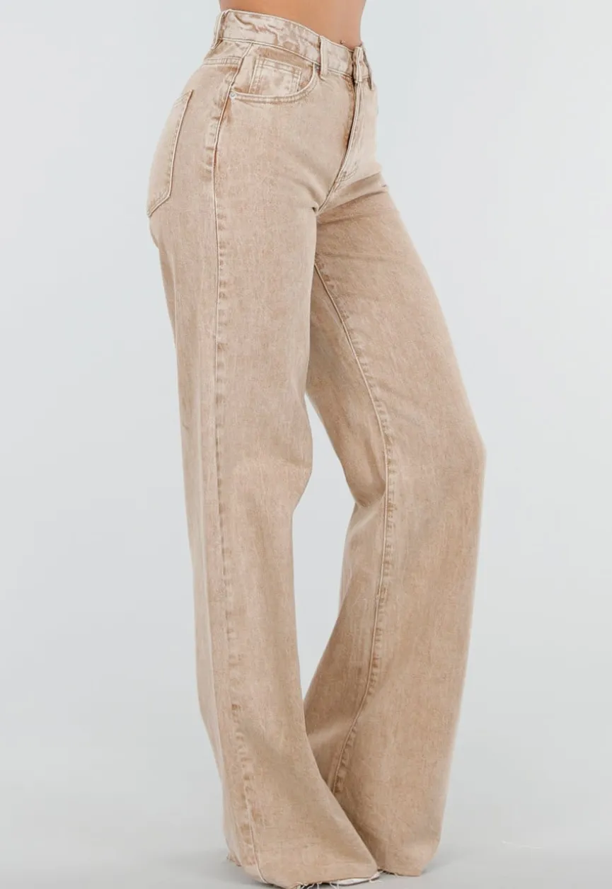 Beige Wide Leg Tall Denim Jeans met Wassing