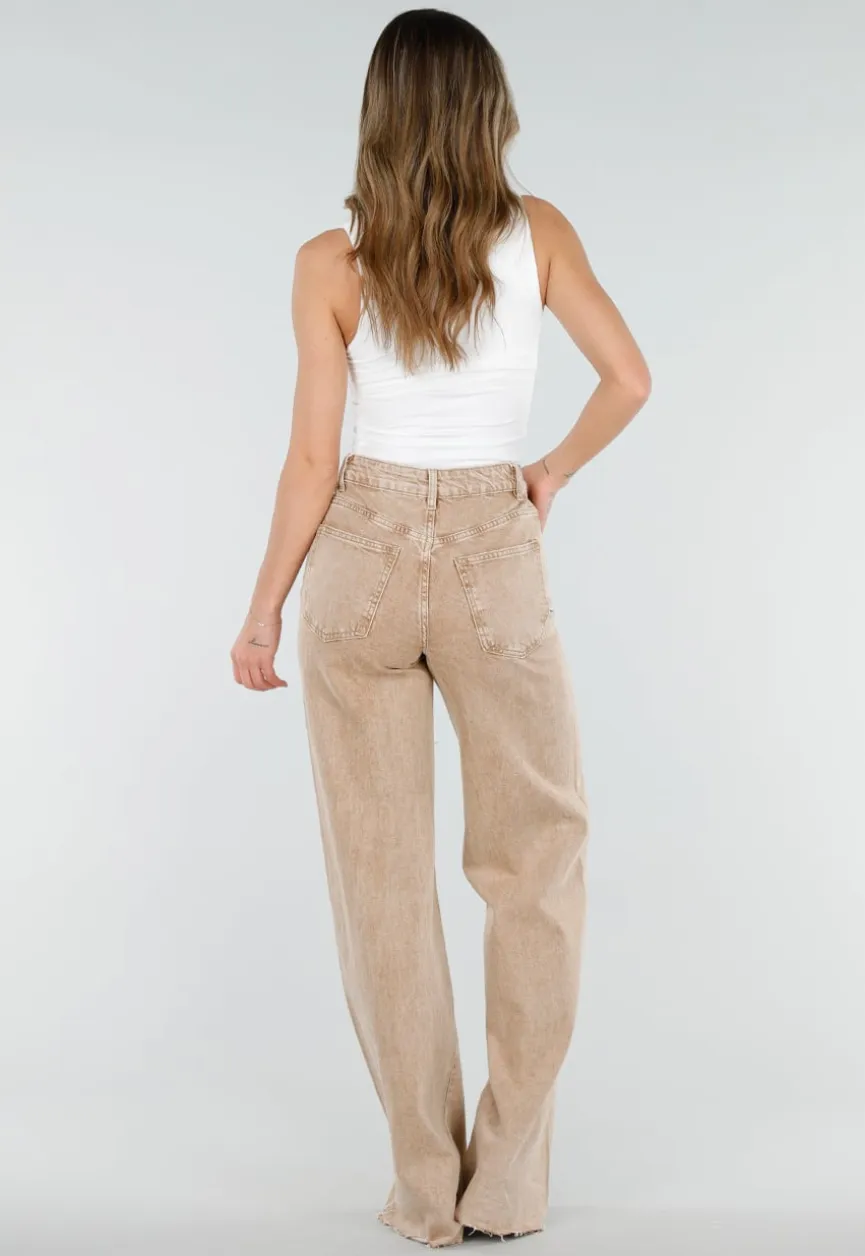Beige Wide Leg Tall Denim Jeans met Wassing