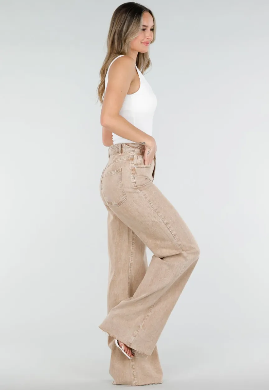 Beige Wide Leg Tall Denim Jeans met Wassing