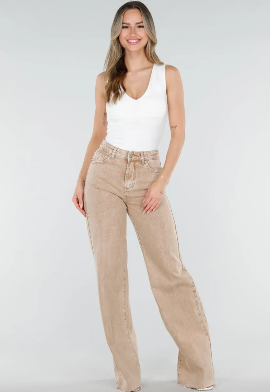 Beige Wide Leg Tall Denim Jeans met Wassing