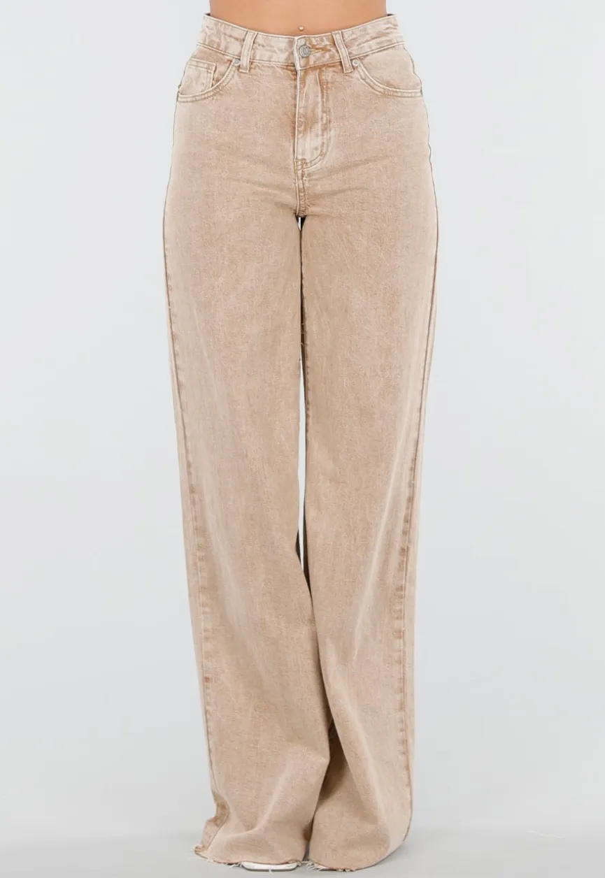 Beige Wide Leg Tall Denim Jeans met Wassing