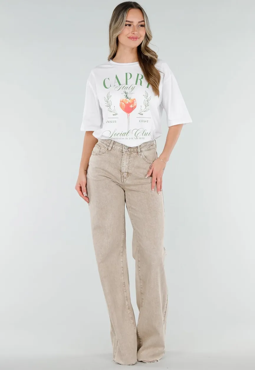 Beige Wide Leg Tall Jeans met High Waist