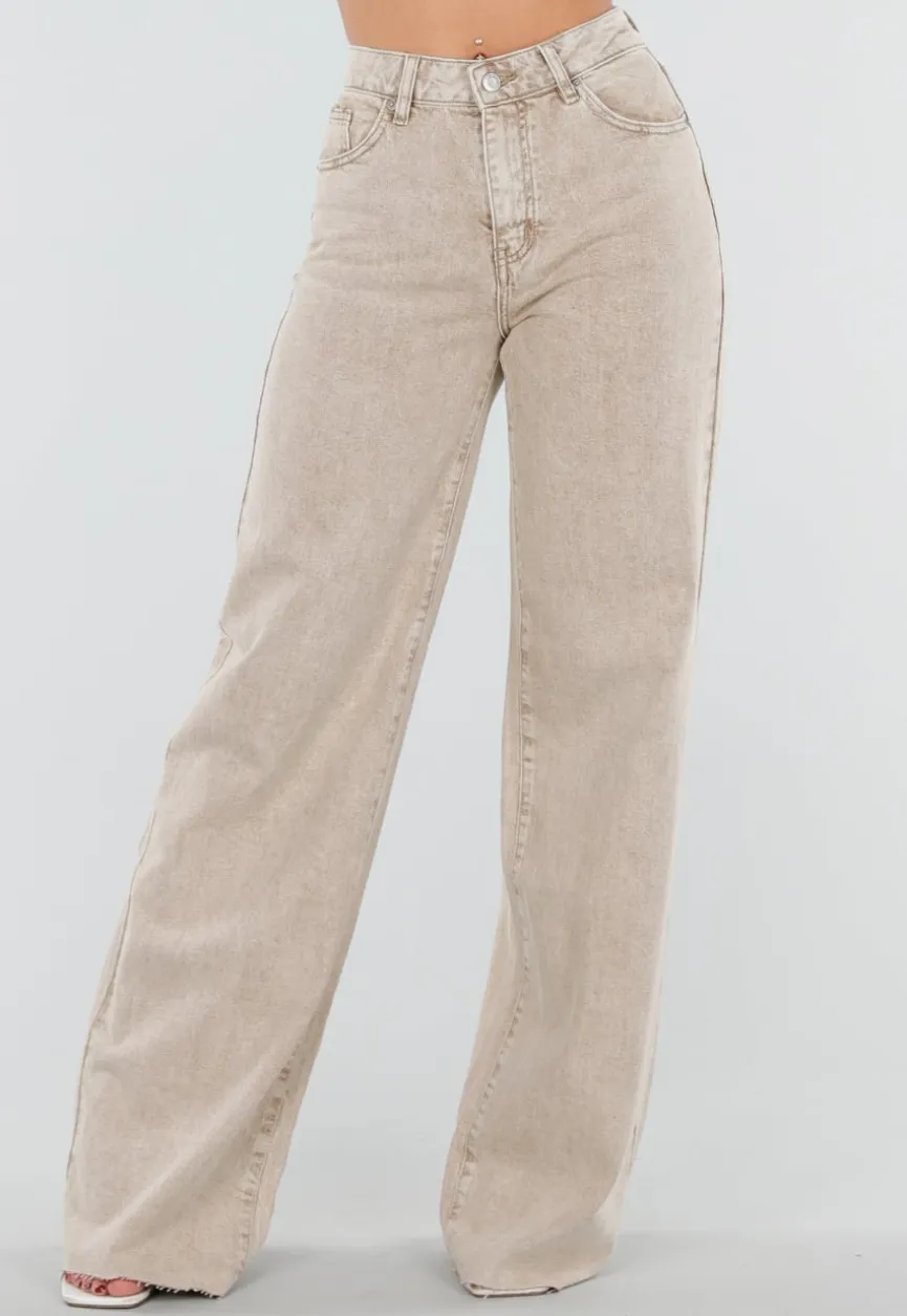 Beige Wide Leg Tall Jeans met High Waist