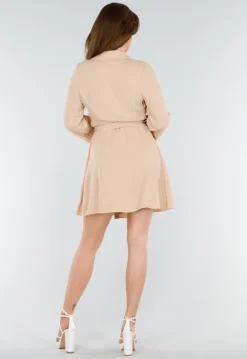 Beige Wikkeljurk Met Lange Mouwen en Linnenlook