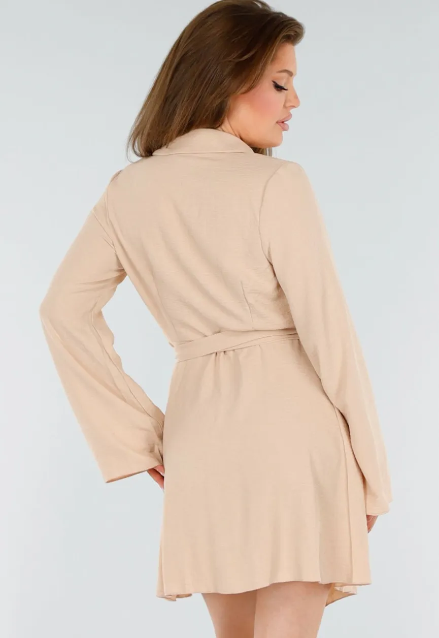 Beige Wikkeljurk Met Lange Mouwen en Linnenlook