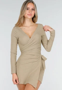 Beige Wikkel Top met Lange Mouwen en Stretch