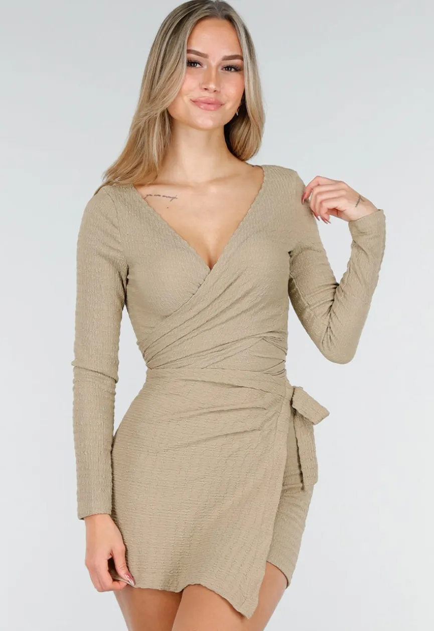 Beige Wikkel Top met Lange Mouwen en Stretch