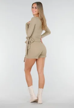 Beige Wikkel Top met Lange Mouwen en Stretch