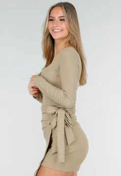 Beige Wikkel Top met Lange Mouwen en Stretch